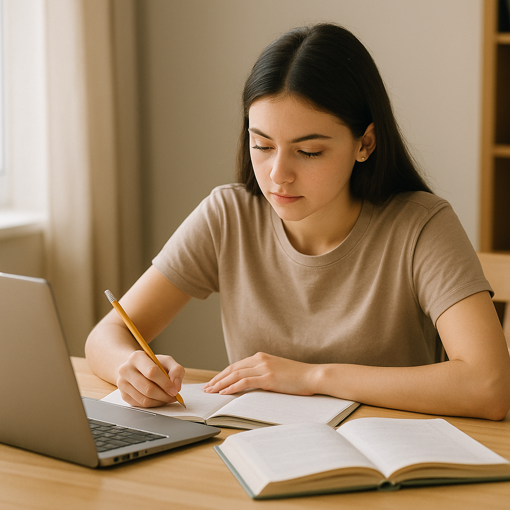chica, estudiando matemáticas con resueltoos